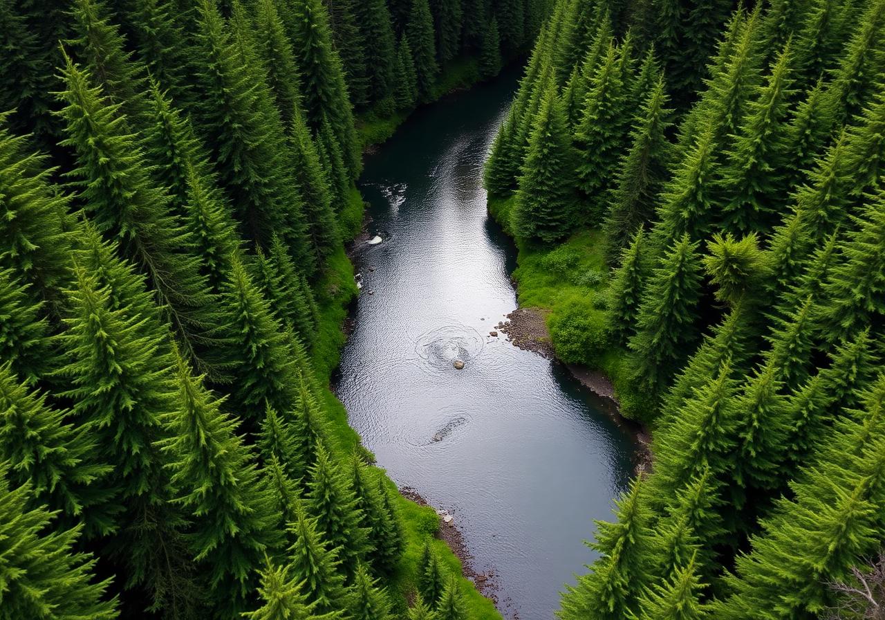 River winding through evergreen forest